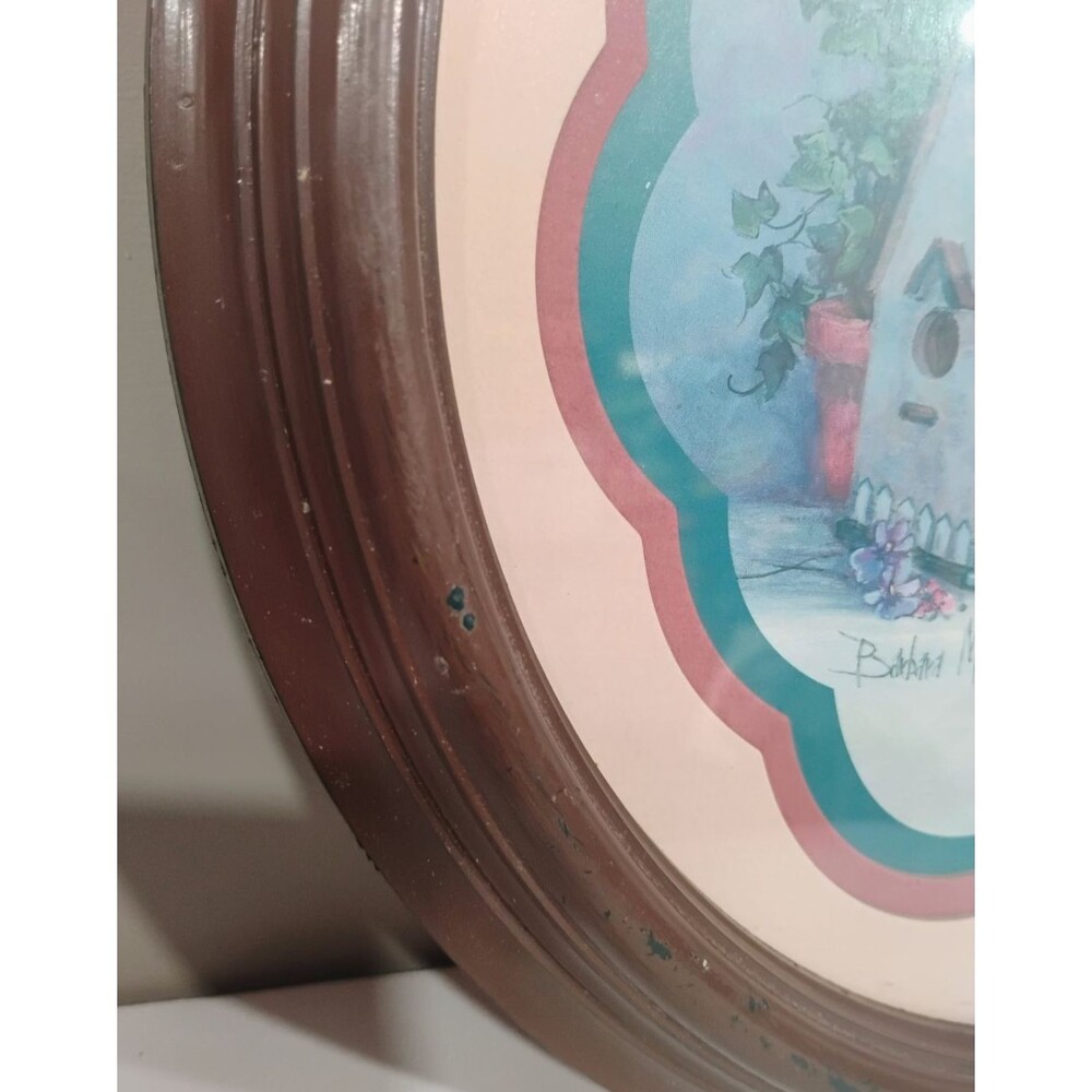 Barbara Mock Birdhouses Blue Birds Welcome Framed Matted Print Round Brown Frame - Picture 4 of 6